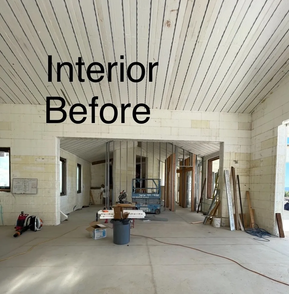Great room interior with board substrate exposed before plastering (before)